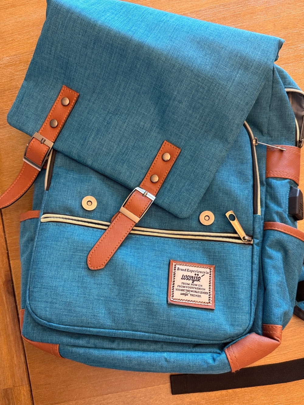 Wenjie Vintage Style Oxford Teal Canvas Backpack with Brown Trim